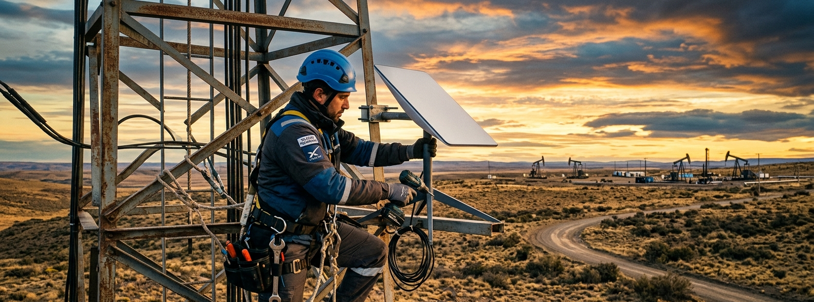 Técnico instalando antena Starlink en estructura industrial en la Patagonia